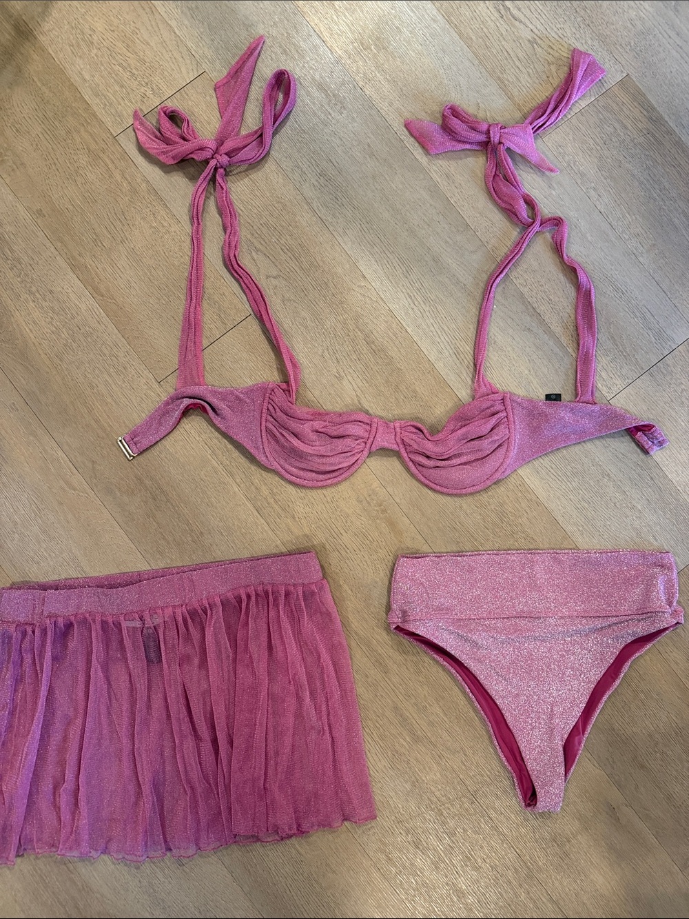 Beach Riot Pink Shimmery Bikini Set with Sheer Skirt